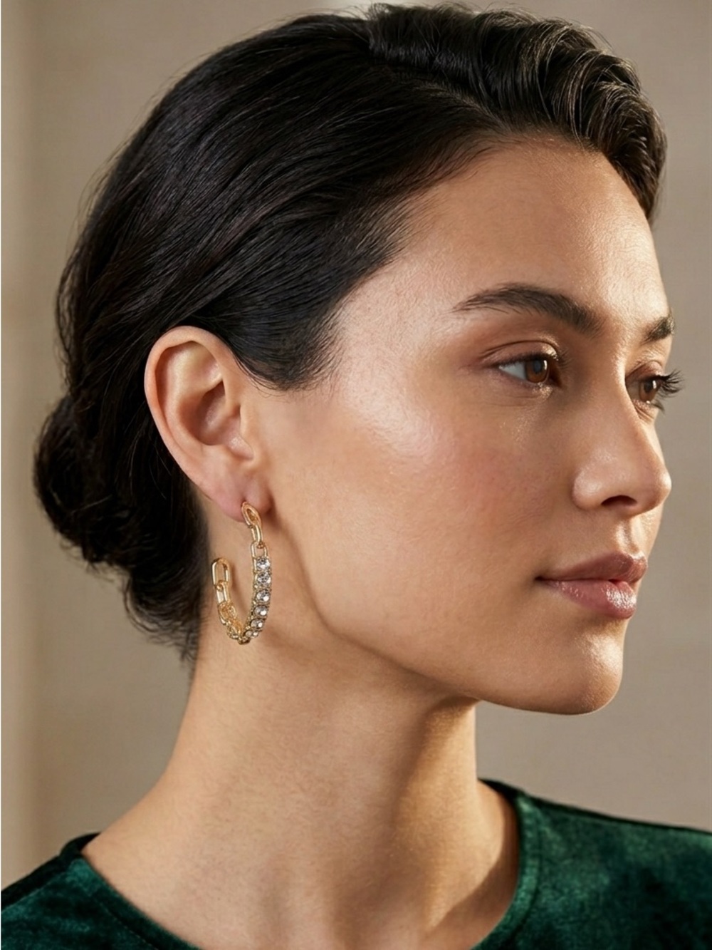 On 34th Gold-Tone Medium Crystal Frozen Chain Hoop Earrings 1.5" NEW